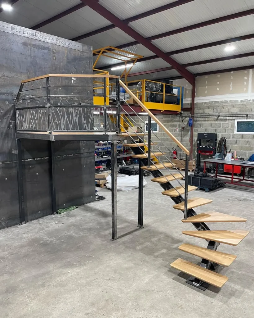 Escalier industriel métal et bois dans atelier
