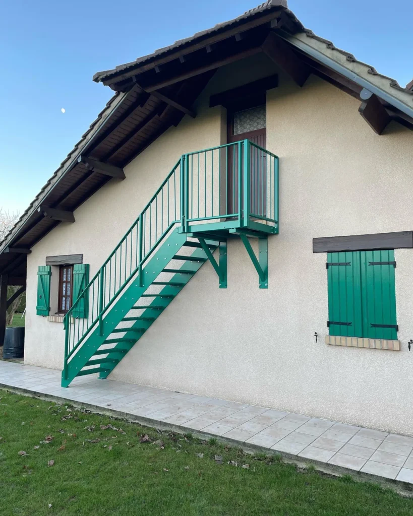Escalier extérieur vert sur façade de maison