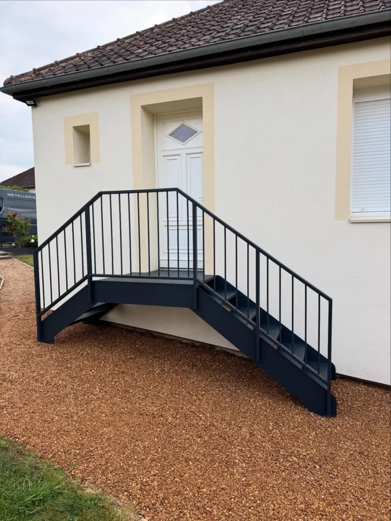 Escalier métallique extérieur menant à porte d’entrée